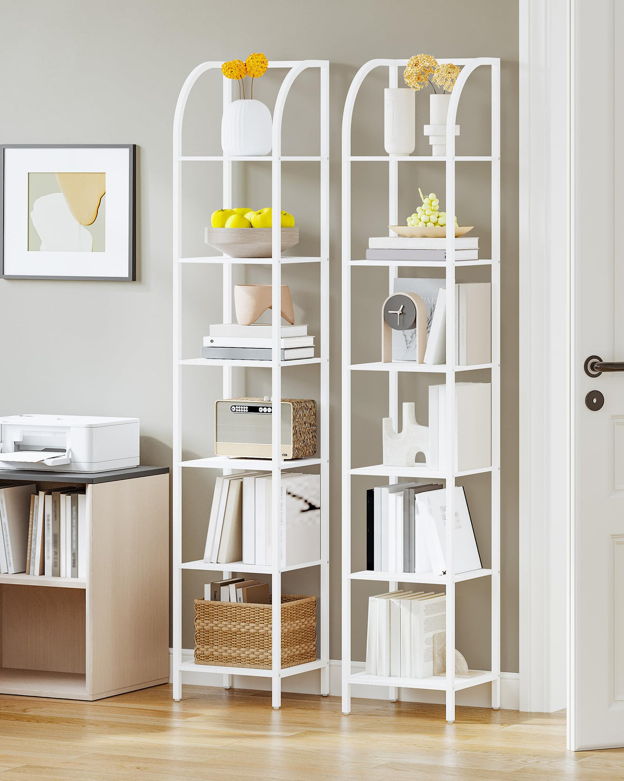 Hzuaneri Bookshelf Narrow Bookcase, Tall Storage Rack with Steel Frame, Display Standing Shelf Unit, Skinny Book Shelf for Study Living Room Home Office, Industrial Style, 6-Tier White BC56013W Hzuaneri