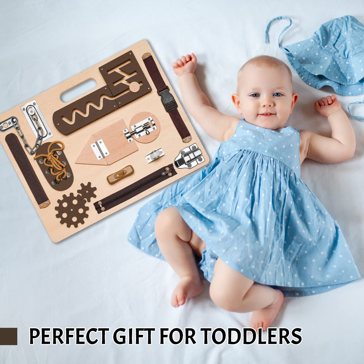 Montessori Busy Board for Toddlers, Wooden Sensory Toys, Preschool Learning Activities for Fine Motor Skills Travel Toy, Basic Life Skills Educational Gifts for 1, 2, 3 Years Old Kids Boys Girls ABERLLS