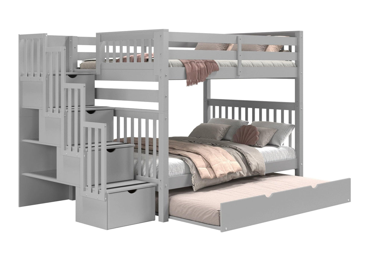 Bedz King Stairway Bunk Beds Full over Full with 4 Drawers in the Steps and a Full Trundle, Gray Bedz King