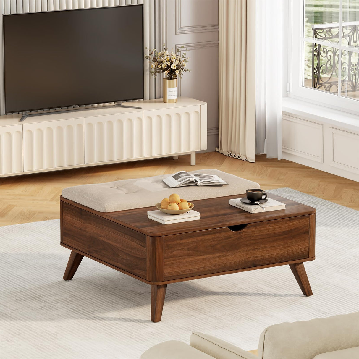 VOPEAK Lift Top Coffee Table with Storage, Large Square Coffee Table with Thickened Cushion, Family Gathering Center Table, Modern Wooden Coffee Tables for Living Room, Solid Wood Legs, Walnut VOPEAK