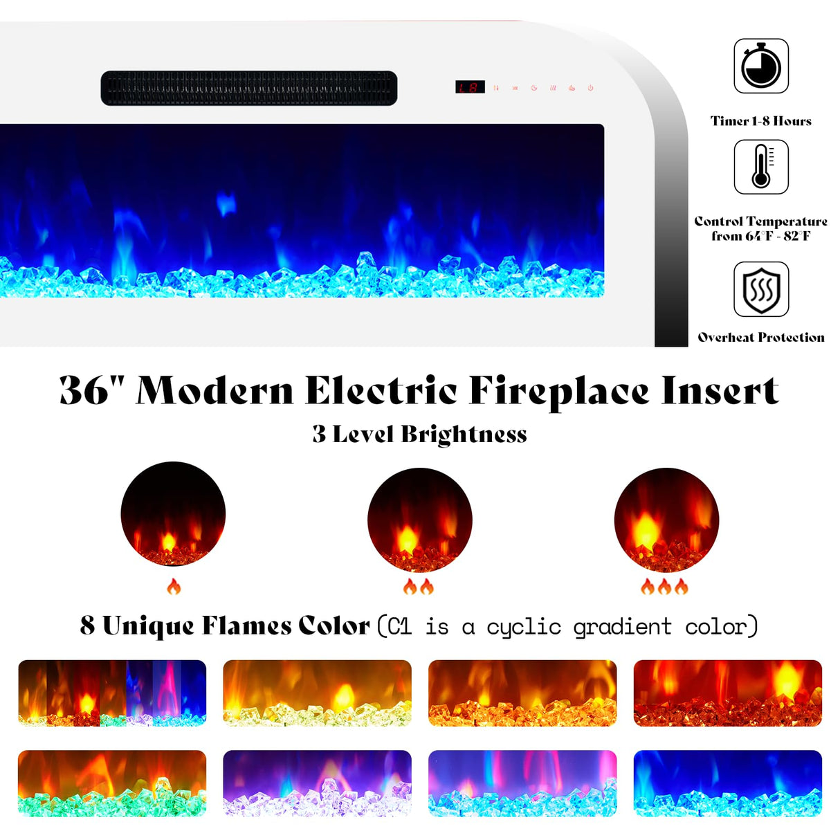 AMERLIFE Fireplace TV Stand with 36" White Fireplace, 70" Modern High Gloss Fireplace Entertainment Center LED Lights, 2 Tier TV Console Cabinet for TVs Up to 80", White & White AMERLIFE