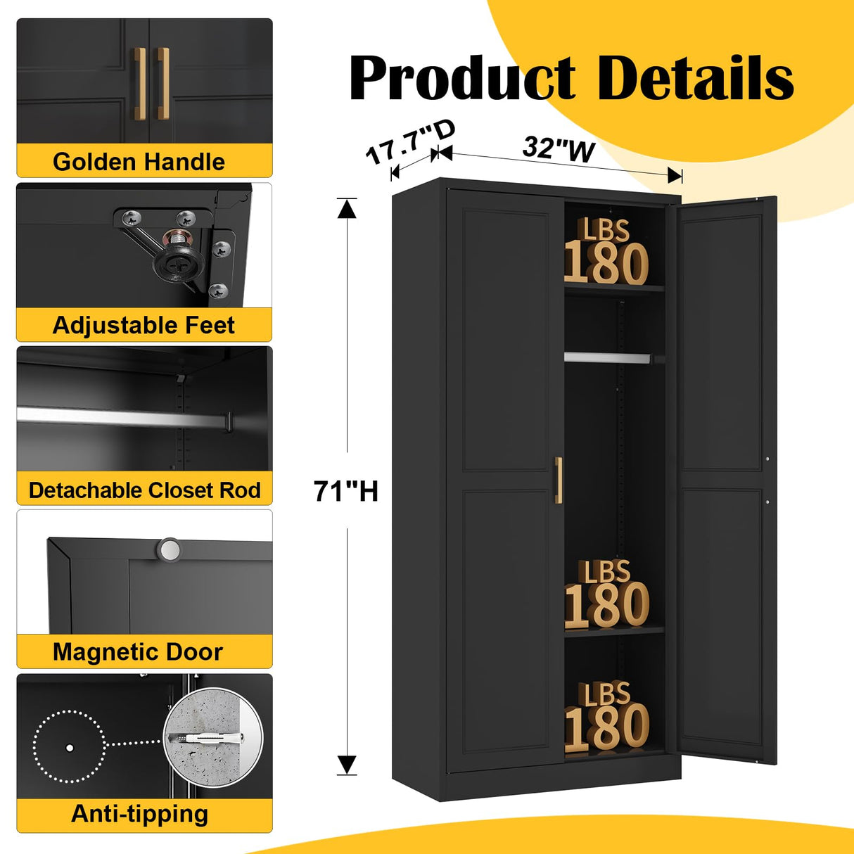 SteeLoong Metal Wardrobe Cabinet with Hanging Rod, 71" Tall Armoire Wardrobe Closet with 2 Doors and Adjustable Shelves, Black Clothing Storage Cabinets for Bedroom, Laundry Room, Cloak Room SteeLoong