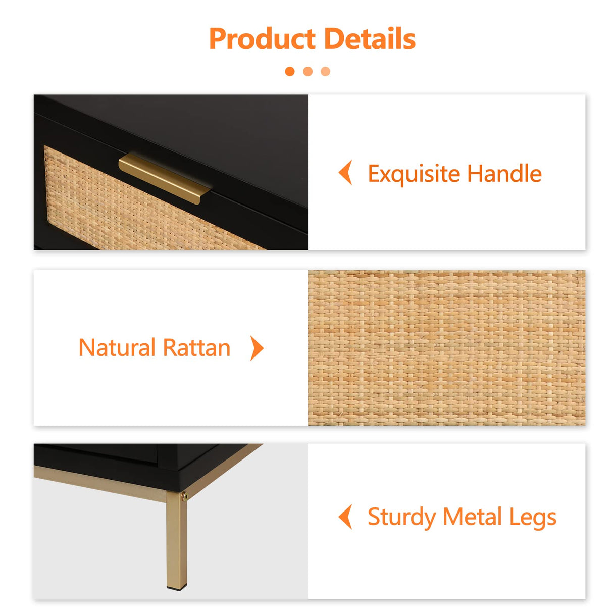 Anmytek Rattan Nightstand, Boho Bedside Table with 2 Rattan Decorated Drawers, Black Wood Night Stand Farmhouse End Table Side Table for Bedroom, Dorm, H0057 Anmytek