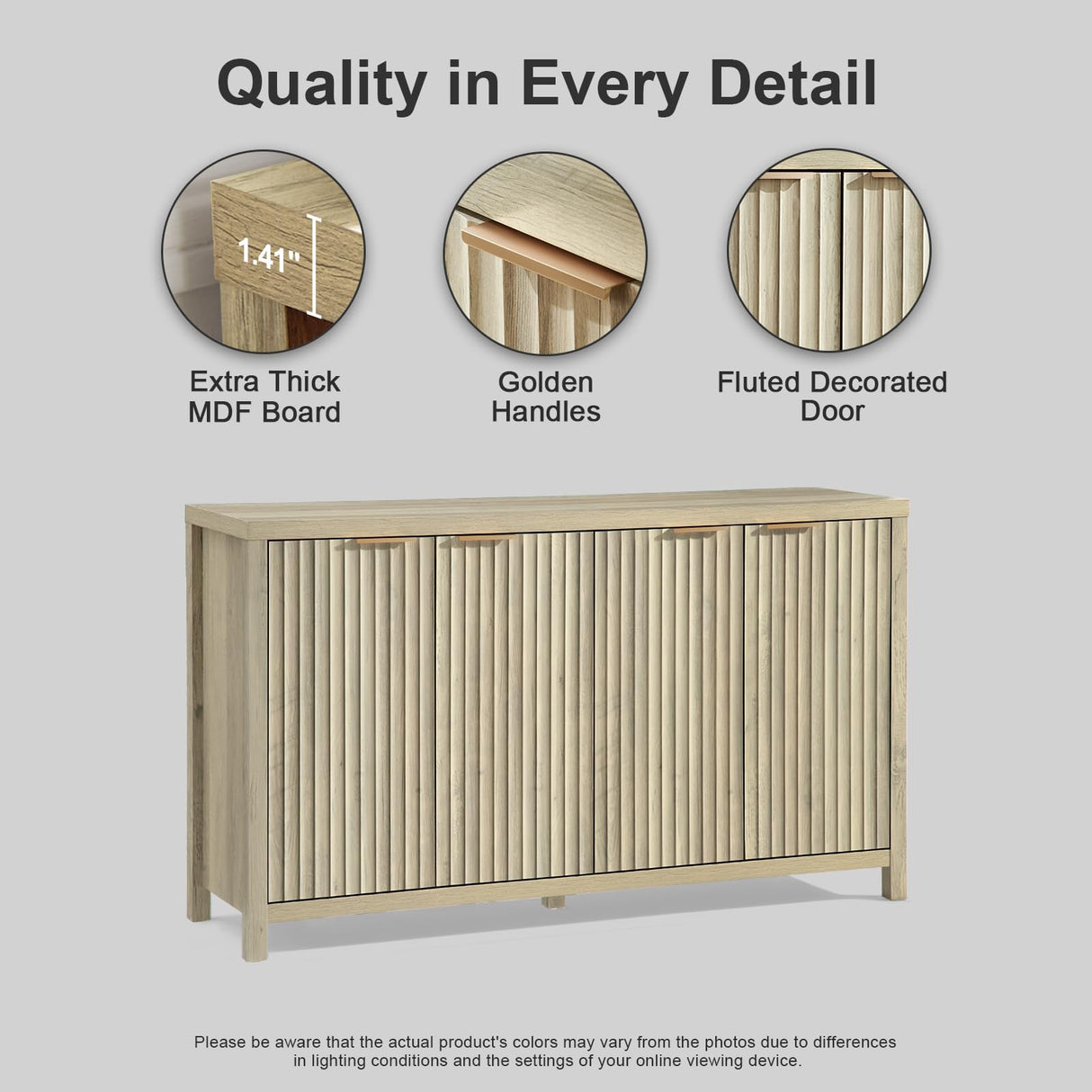 OAKHAM HOME Oxford 4 Door Storage Cabinet Fluted Sideboard Large Buffet with Adjustable Shelves, Multifunctional Accent Cabinet Console Cabinet for Living Room (Sunwashed Ash Oak) OAKHAM HOME