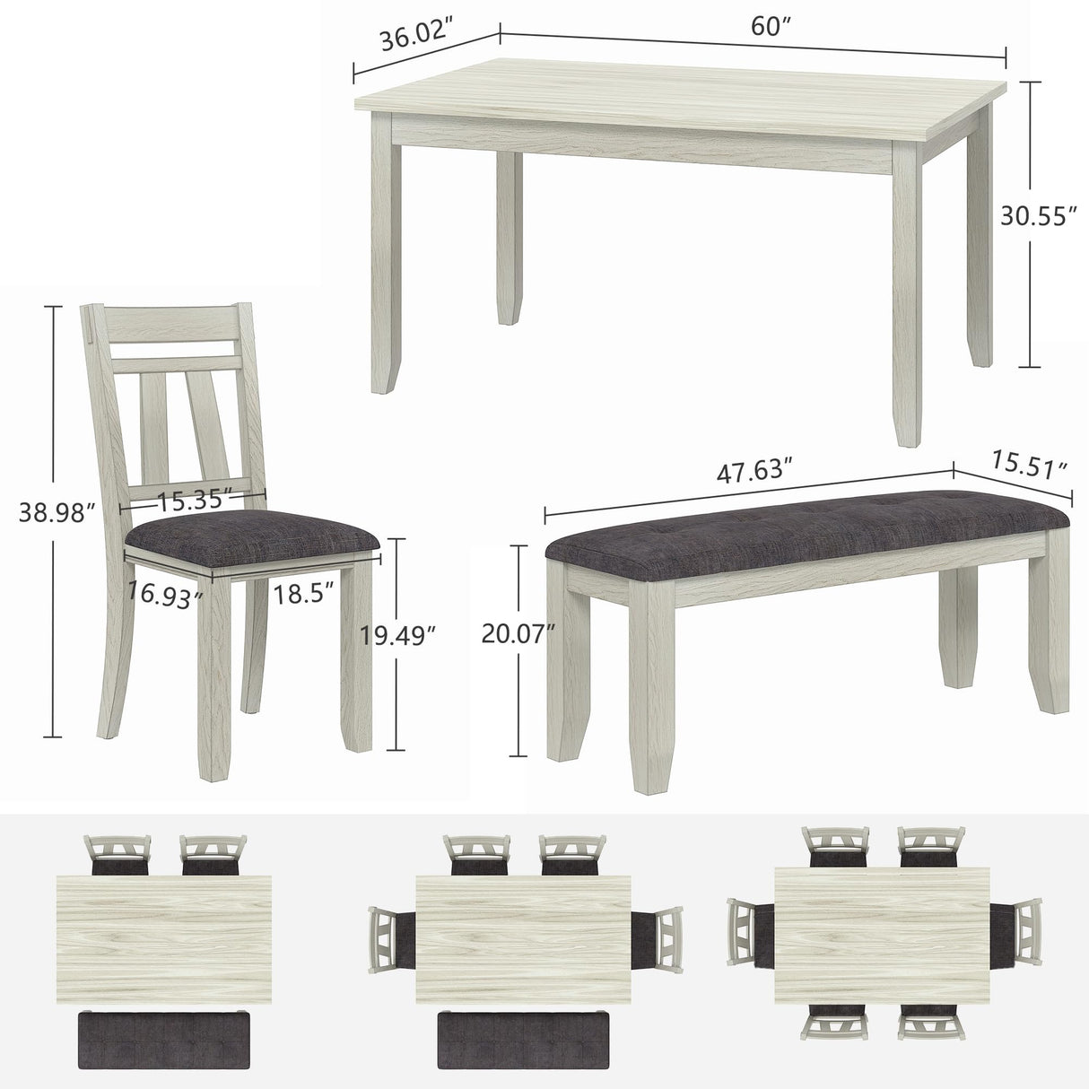 Peatuk 6-Piece Solid Wood Dining Table Set for 6, Modern Breakfast Dinette Kitchen Table with Bench & Chairs for Dining Room, Kitchen, Grey Peatuk