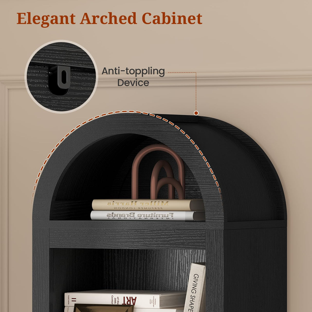 UPOSOJA 76" Tall Narrow Arched Bookcase,7-Teir Mid-Century Modern Bookshelf,Adjustable Shelves offering More Storage Space for Living Room,Kitchen,Home Office,Black UPOSOJA