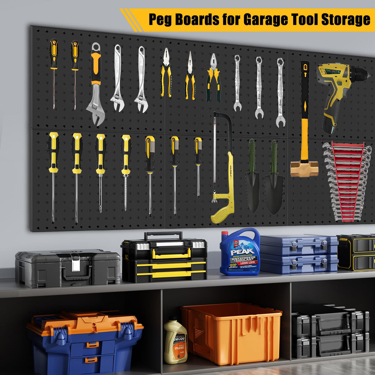 PBHEPJ 6 Pcs Metal Pegboard Panels, Heavy Duty Peg Boards for Garage and Garden Tool Storage, Includes Drywall Anchors and Screws Kits, Black (6 pcs 16in x 12in) PBHEPJ