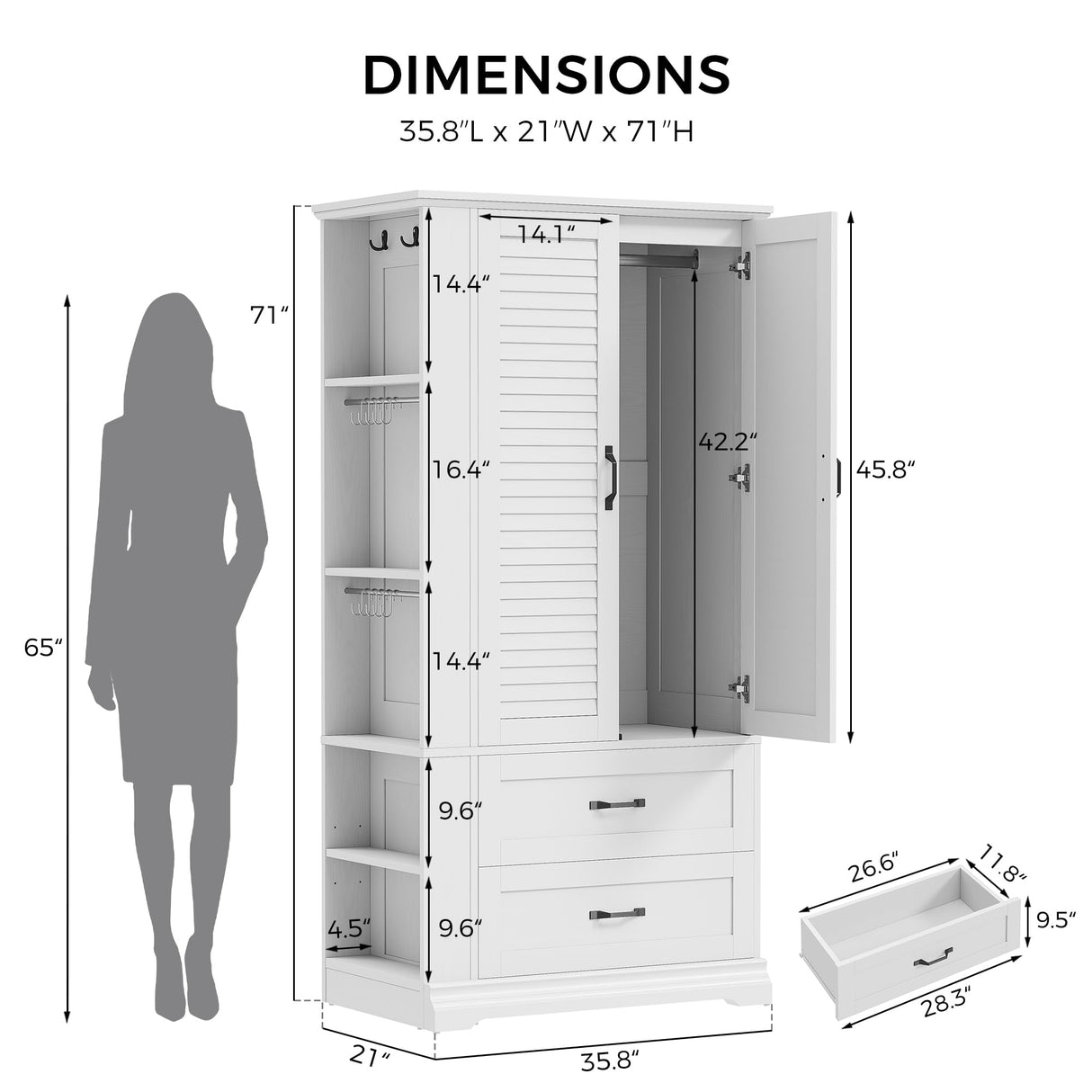 IRONCK Armoire Wardrobe Closet, 70.87" H Wooden Bedroom Armoire with 2 Louvered Doors, 2 Drawers and Shelves, Large Freestanding Clothing Storage Cabinet, White IRONCK