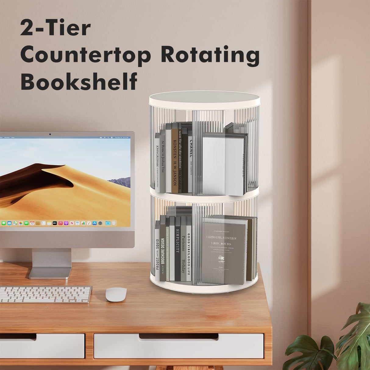 Zream 2 Tier Rotating Bookshelf, Revolving Bookcase 360 Display Spinning Bookshelf Tower, Small Corner Bookshelf for Small Space, Narrow Book Shelf Organizer for Playroom, Bedroom, Living Room Zream