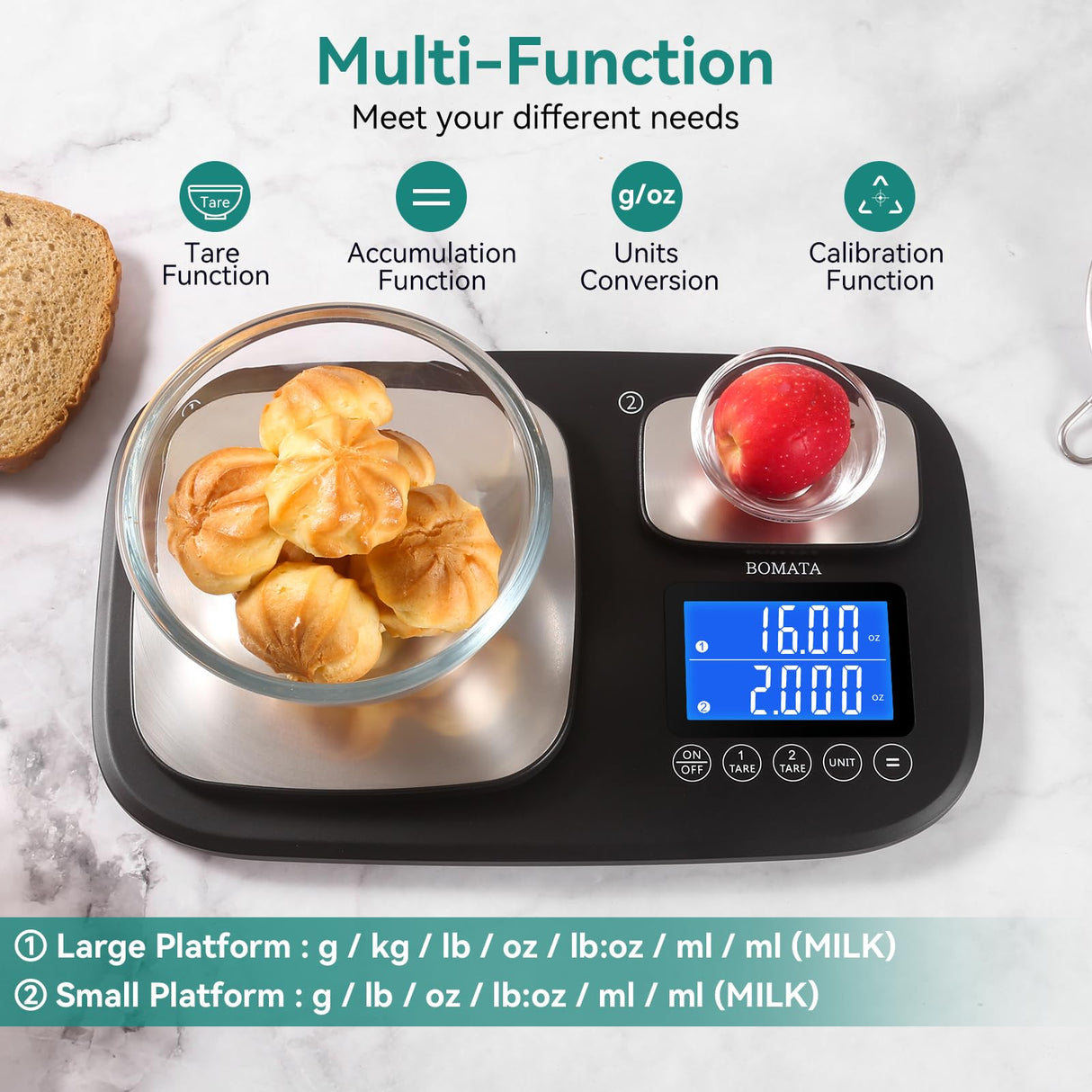 BOMATA 0.01g/500g & 1g/15kg Dual Platform Kitchen Scale with Two Precisions, Accumulation Function, Gram and Ounce, Digital Scale for Food, Baking, Yeast, Jewelry B614 BOMATA