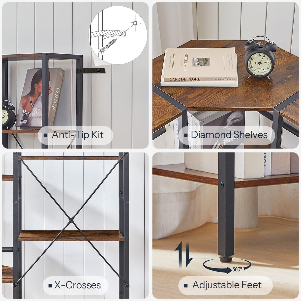 HOOBRO Industrial Corner Bookshelf, 5-Tier L-Shaped Bookcase, Open Display Storage Rack, Floor Standing Storage Shelf, for Living Room, Bedroom, Home Office, Rustic Brown and Black BF68SJ01 HOOBRO