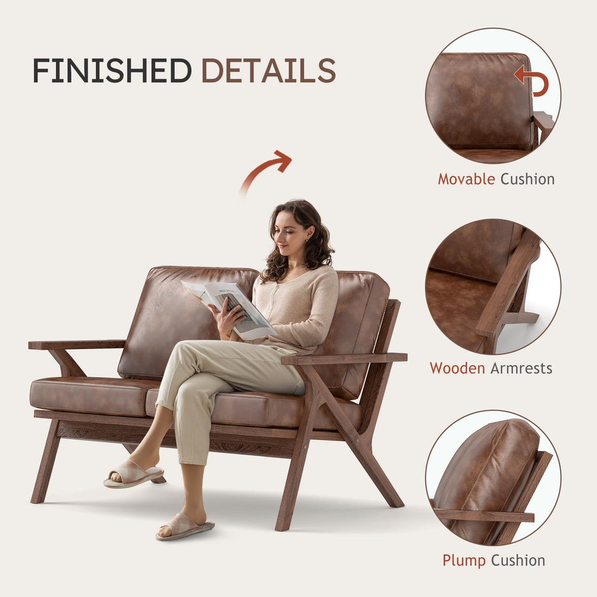 Bonzy Home 51.6" Loveseat Sofa Mid-Century Faux Leather Accent Chair, Upholstered 2-Seat Couch Loveseat with Solid Wood Frame and Cushions, Small Sofa Couch Armchair for Living Room, Bedroom,Brown Bonzy Home