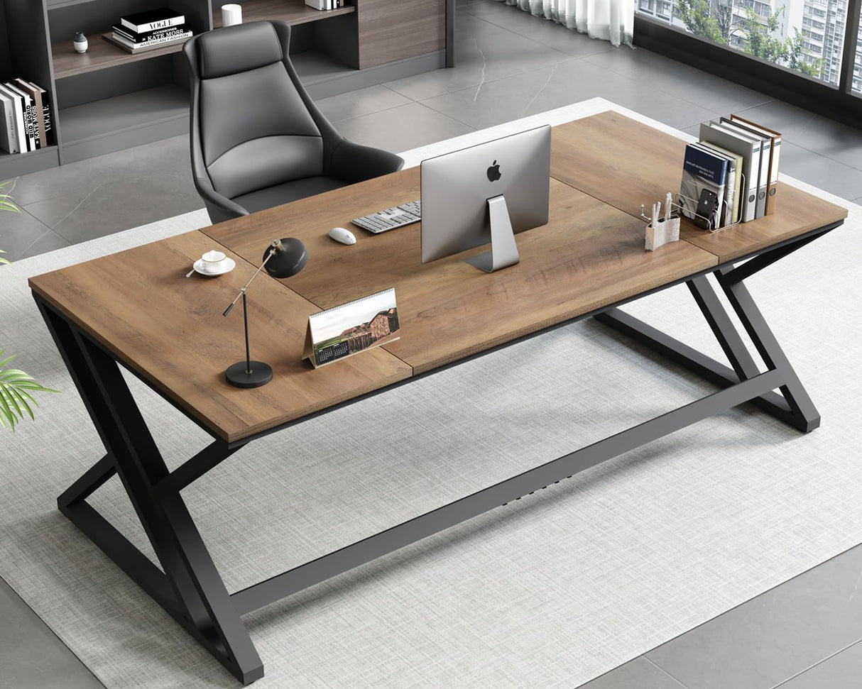 HSH Rustic Long Computer Desk, Industrial Large Wood Metal Office Desk, Wood Pc Writing Work Study Computer Table Desk, Farmhouse Workstation Gaming Executive Desk for 2 Person, Rustic Oak, 70 Inch HSH