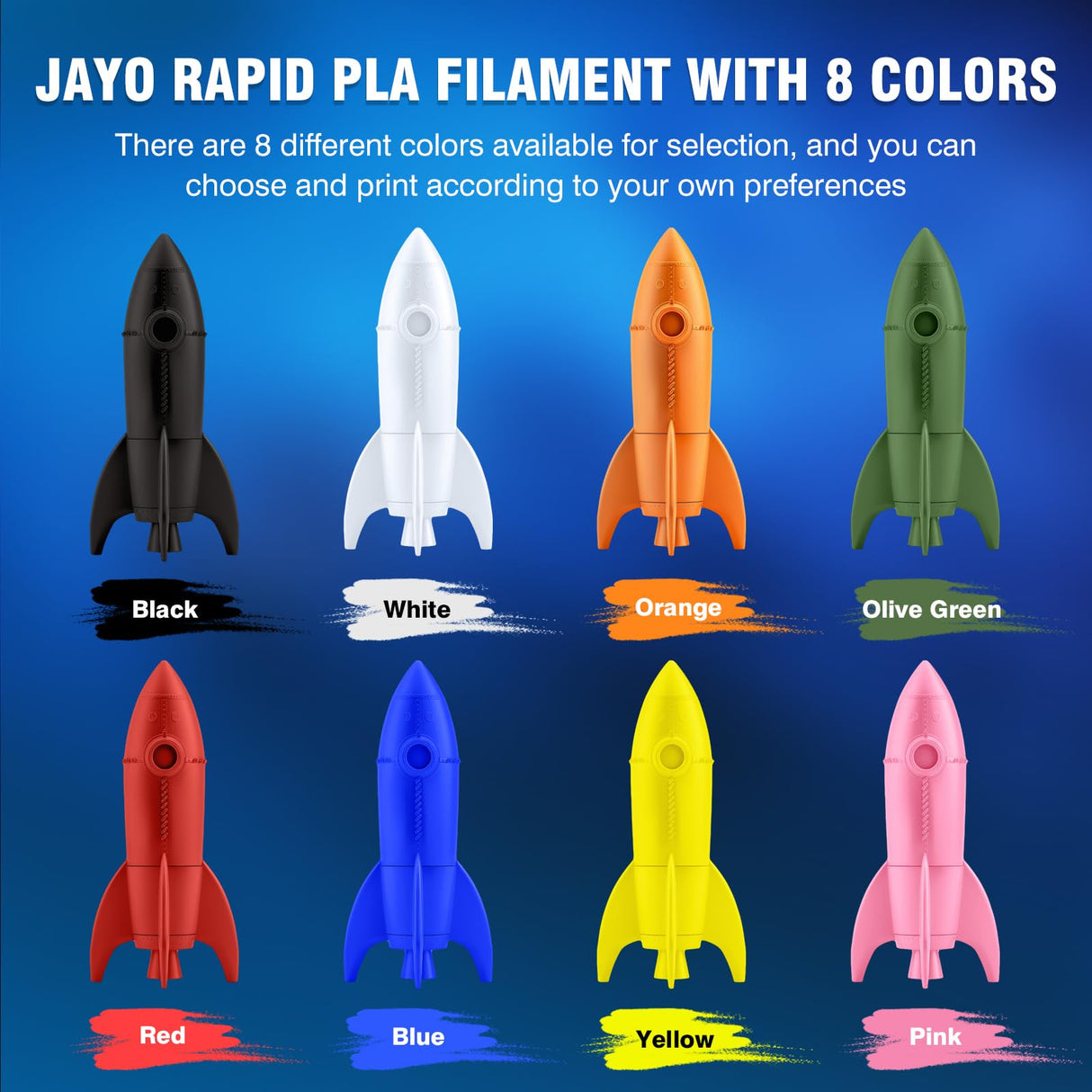 JAYO Rapid PLA 3D Printer Filament Bundle 2KG, High Speed PLA Filament 1.75mm 50mm/s - 600mm/s Print Range, 8 Pack 250g Spool Filament (Black, White, Blue, Red, Pink, Orange, Yellow, Olive Green) JAYO