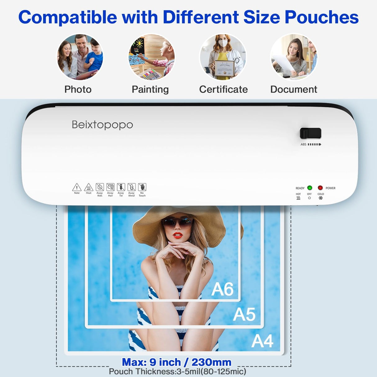 Thermal Laminator 8.5x11/9 Inch Machine With 12 Sheets - A4/A5/A6 Hot Cold Laminating for Home, School, Teachers, Office - Anti-Jam Beixtopopo