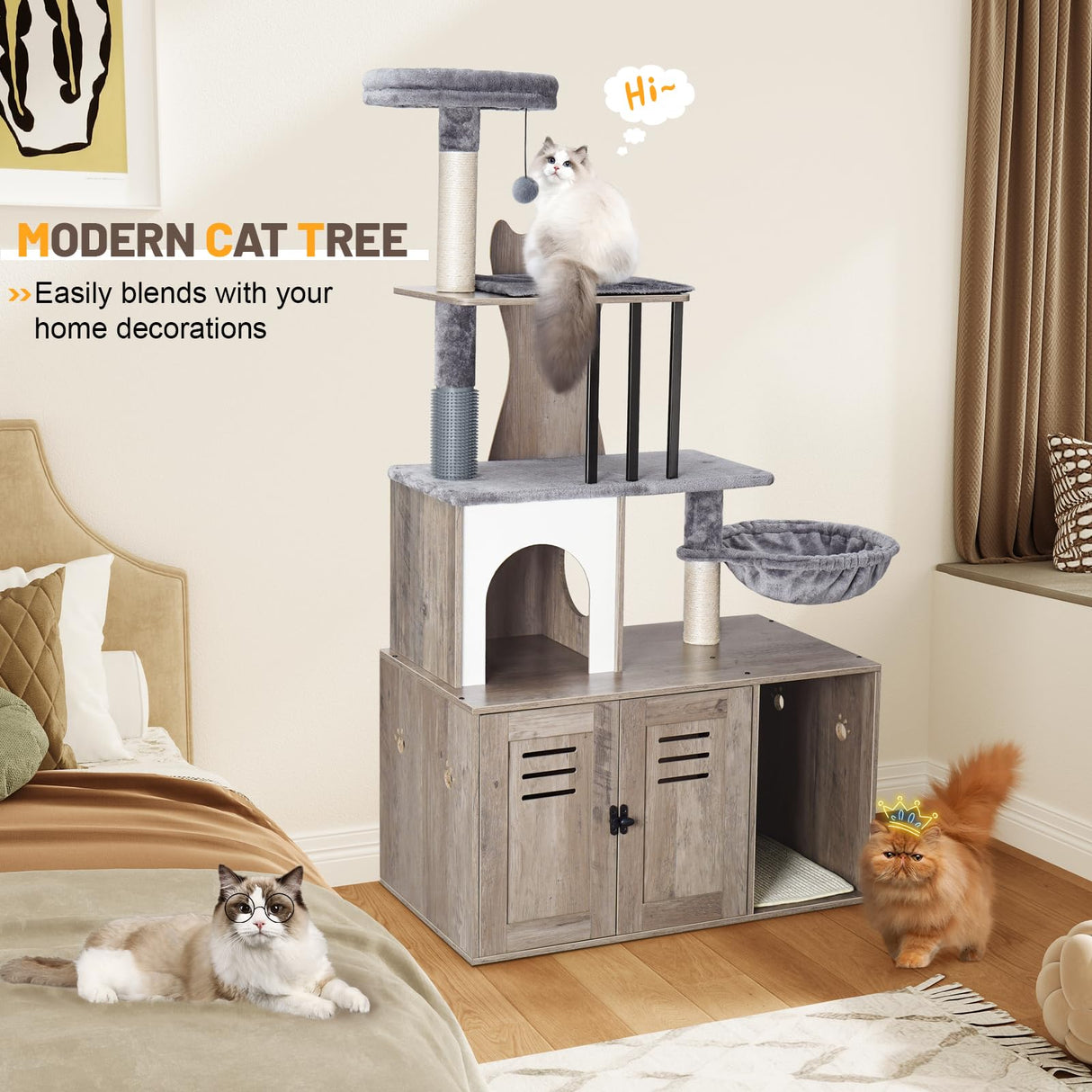 Snughome Cat Tree with Litter Box Enclosure Furniture, 2-in-1 Modern Cat Tower for Indoor Cats, 58.66’’ Wood Cat Condo with Scratching Post and Hammock, Indoor Cat Furniture with Large Platform, Grey Snughome