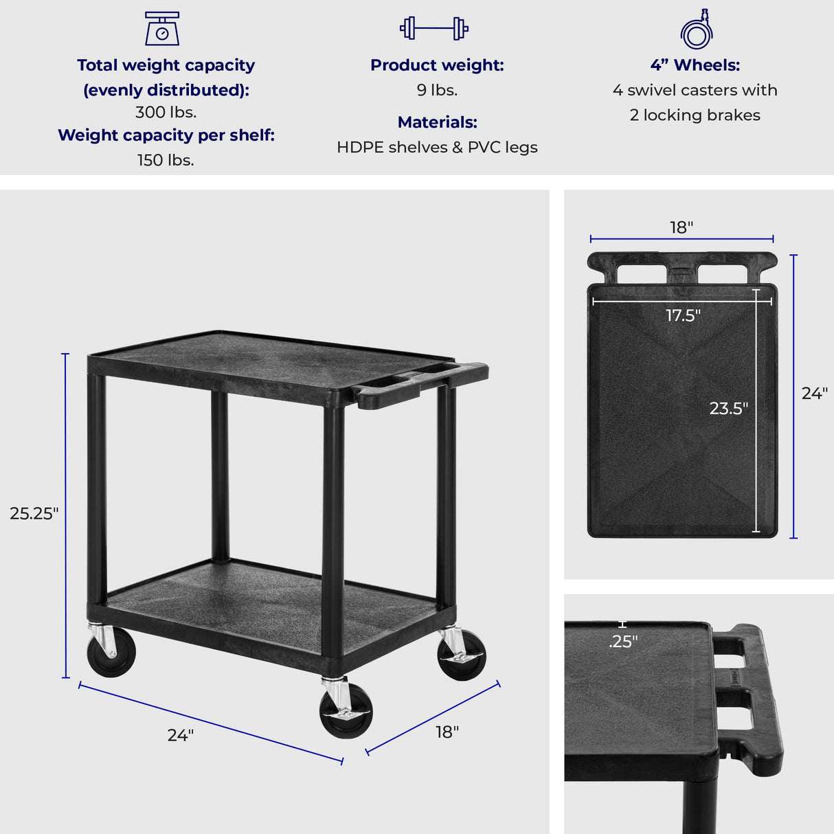 Line Leader Plastic AV Cart with Keyboard Tray and Locking Metal Cabinet, Heavy Duty Mobile Workstation with 4 Rolling Casters, 2 Locking Brakes, Heavy Duty, Holds up to 75 lbs (42 Inch w Cabinet) Stand Steady