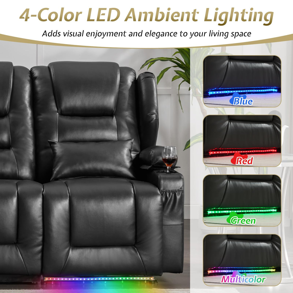 SAMERY Power Loveseat Recliner Sofa with Adjustable Split Back, Multi-Port Charger, Flip-Up Backrest & LED Lighting - Home Theater Seating with Storage, Cup Holders, Black Faux Leather Loveseat SAMERY