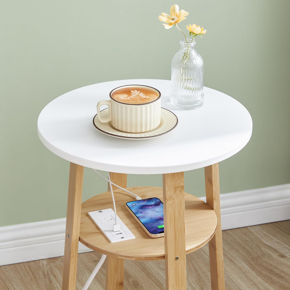 HOOBRO Set of 2 Round Side Tables with Charging Station, Round Accent End Table with Bamboo Legs for Living Room, Bedroom, White and Natural YW101UBZP201 HOOBRO