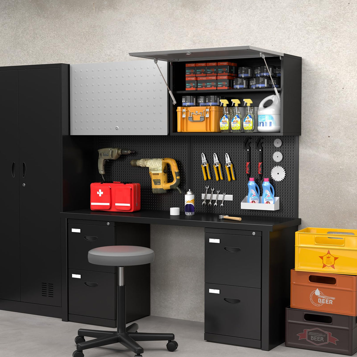 Metal Garage Storage Cabinet with Locking, Wall Mounted Tool Cabinets with Door and Shelf, Floating Steel Storage Cabinets, Small Kitchen Wall Cabinet, Flip Up Wall Locker Cabinet, Assembly Required MetalMax