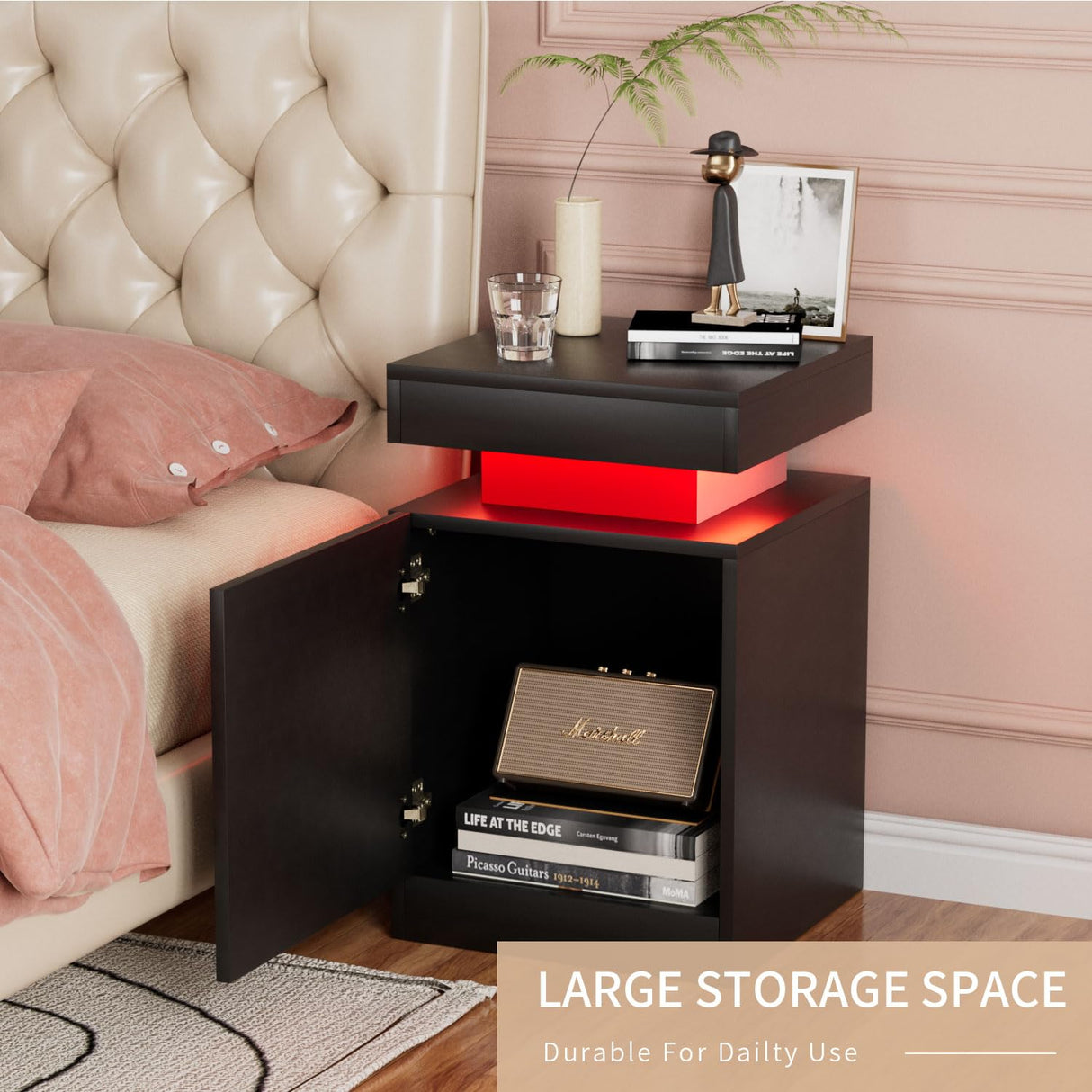 oneinmil 4-Piece Table Set Includes A Modern Coffee Table, A 70 Inch TV Stand with 36 Inch Electric Fireplace and 2 LED Light Nightstands, Elegant Black Tables for Living Room, Bedroom, Black oneinmil