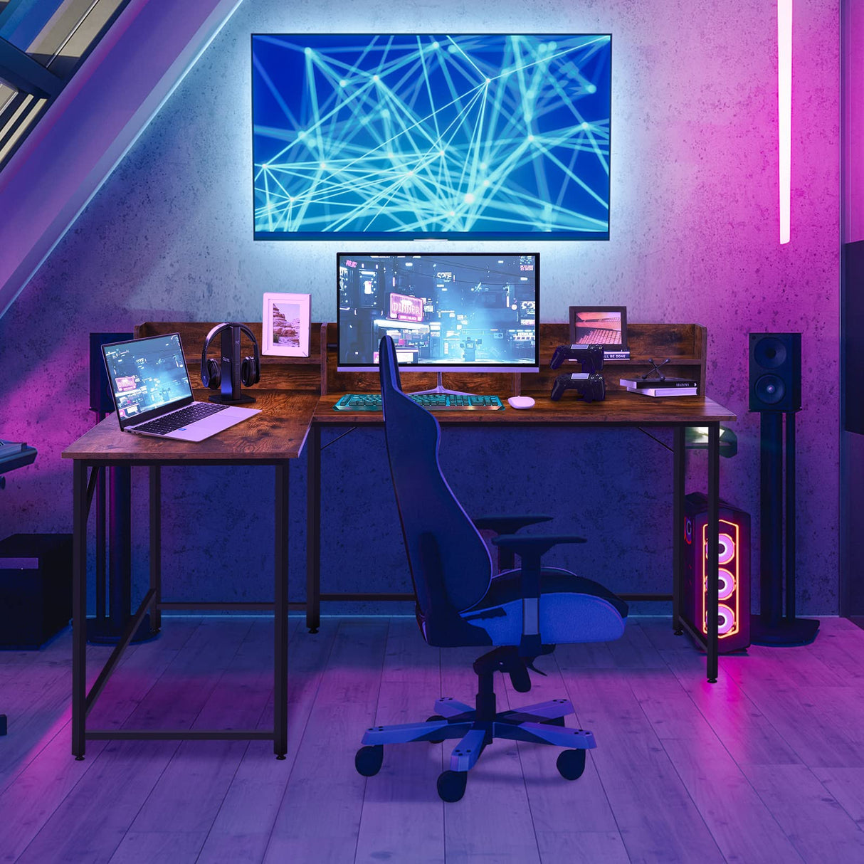 COSTWAY L-shaped Computer Desk with Hutch, Space-saving Corner Computer Desk with File Rack & 2 Shelves, 66.5” Industrial Table with Heavy-duty Steel Frame, for Home Office Study Room (Rustic Brown) COSTWAY