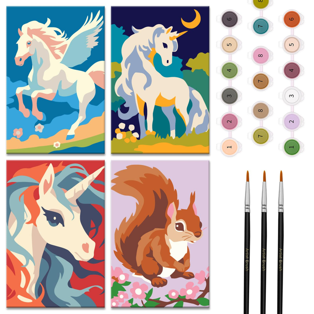 Nariolar 4 Pack Paint by Numbers Kit for Kids Ages 4-6 with 4.7X3.1inch Pre-Printed Cardboard,Acrylic Paint Pots and 3 Painting Brushes,Creative Gifts for Kids(Unicorn and Squirrel Nariolar