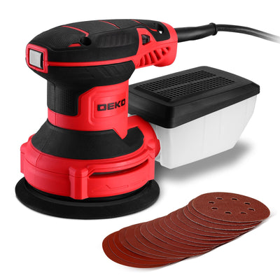 Orbital Sander Corded Hand Sander: DEKOPRO 20V 5" Random Orbital Sander with Dust Box, 6 Various Speeds Electric Palm Sander with Dust Box, 16Pcs Sandpapers for Woodworking & Sanding (Red)