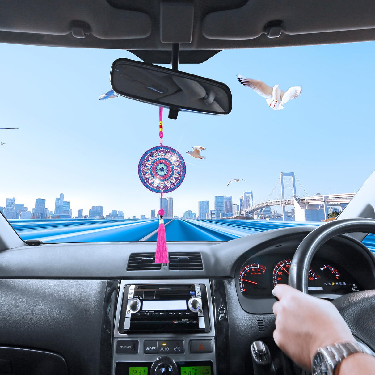 Saillong 16 Pcs Diamond Art Car Ornaments Mandala Diamond Painting Kit Ornament for Car Hanging Suncatchers Charm for Rear View Mirror Double Sided Painting Crystal Gem Garden Decoration Paint DIY Kit Saillong