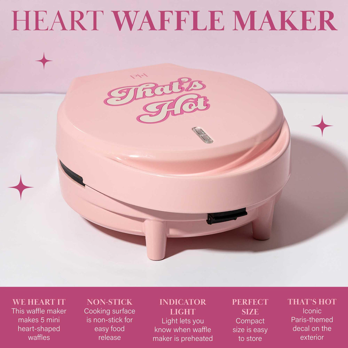 Paris Hilton Heart Waffle Maker, Makes 5 Mini Heart Shaped Waffles or 1 Individual Waffle, Easy to Clean 6" Nonstick Plates, Made without PFAS or PFOA, Electric Waffle Iron, Pink Paris Hilton