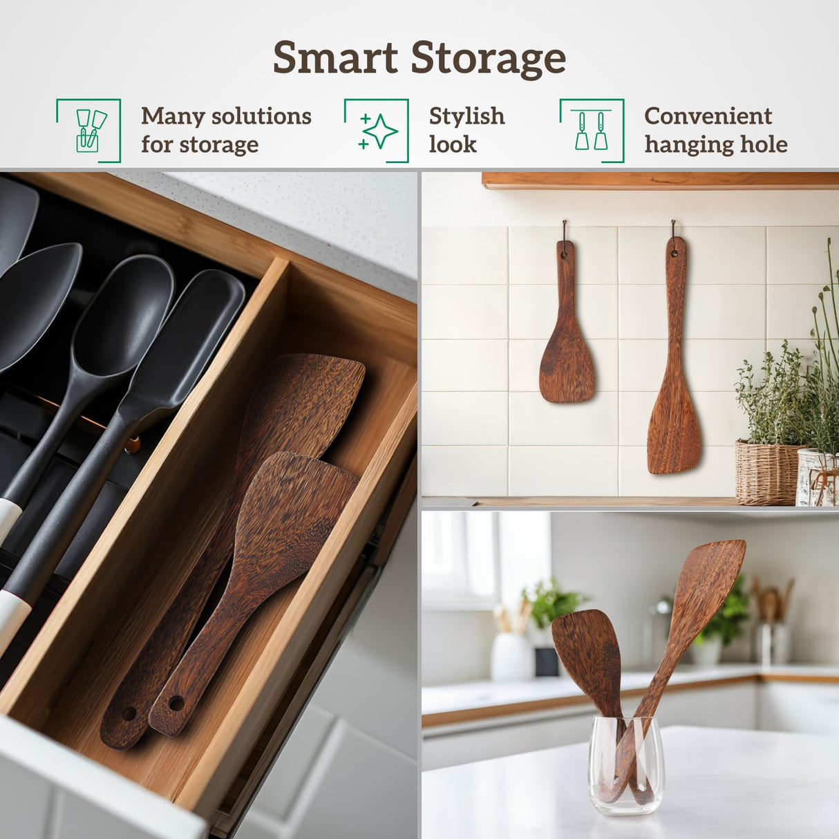 Wooden Spatula for Cooking, Long Handle, Wooden Spoons Set of 2 for Nonstick Pans & Cookware, Wooden Utensil Set, Wood Flipper for Pan and Wok, Wood Scraper, Spatula for Flipping, Serving & Scraping Tigina