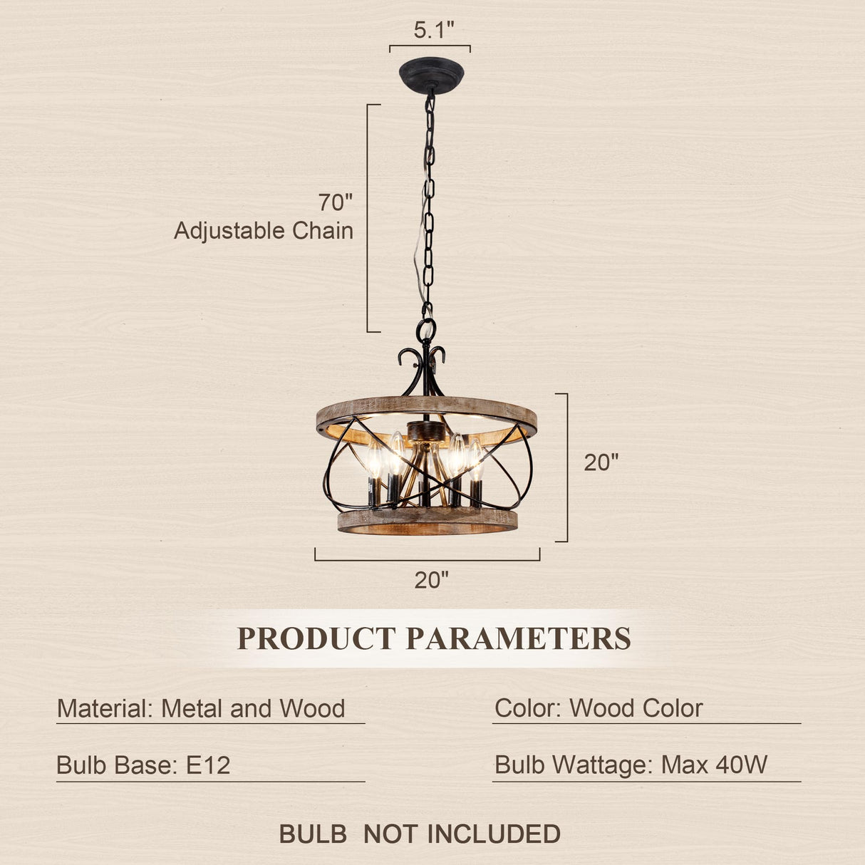 20" Farmhouse Chandelier, 5-Light French Country Drum Chandelier Over Table, Wood Chandelier for Kitchen Island Dining Room Entryway Chords Attic