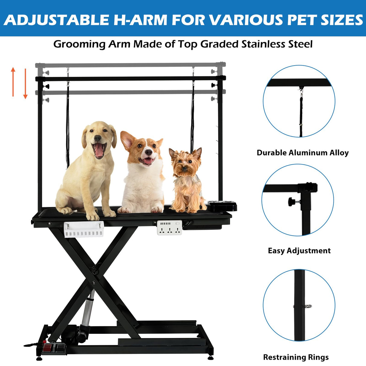 Dog Grooming Table, 50'' Electric Lift Heavy Duty Cat Grooming Table with Aluminium Overhead Arm, Adjustable Pet Grooming Table with Anti Slip Tabletop for Grooming, Trimming, Dressing, Drying(Black) TROPOW