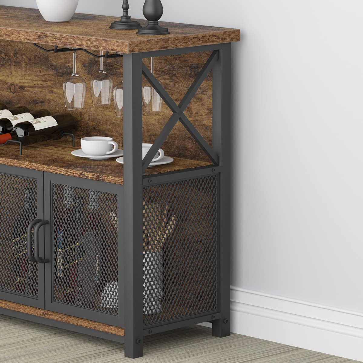 Rustic Brown Industrial Coffee Bar Cabinet with Wine Rack and Ample Storage LVB