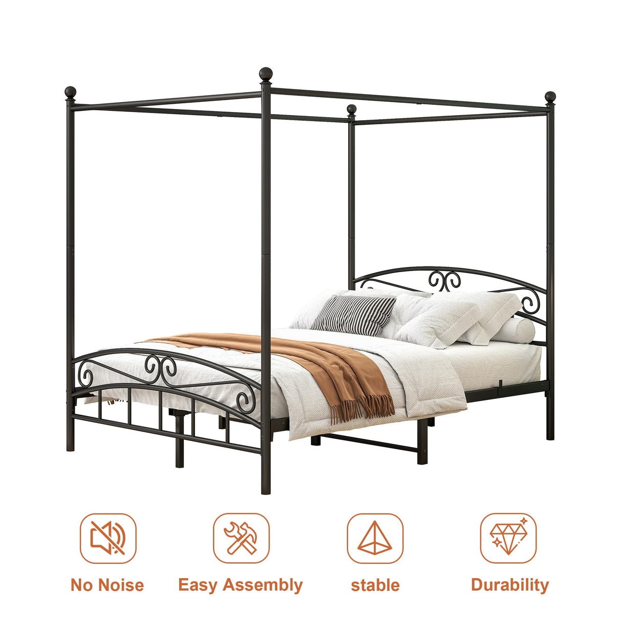 MaiDeHaoo Metal Canopy Bed Frame Queen Size, Metal Platform Bed with Sturdy Slatted Structure, 4-Poster Canopy Bed Frame with Headboard and Footboard, Noise-Free, Black MaiDeHaoo