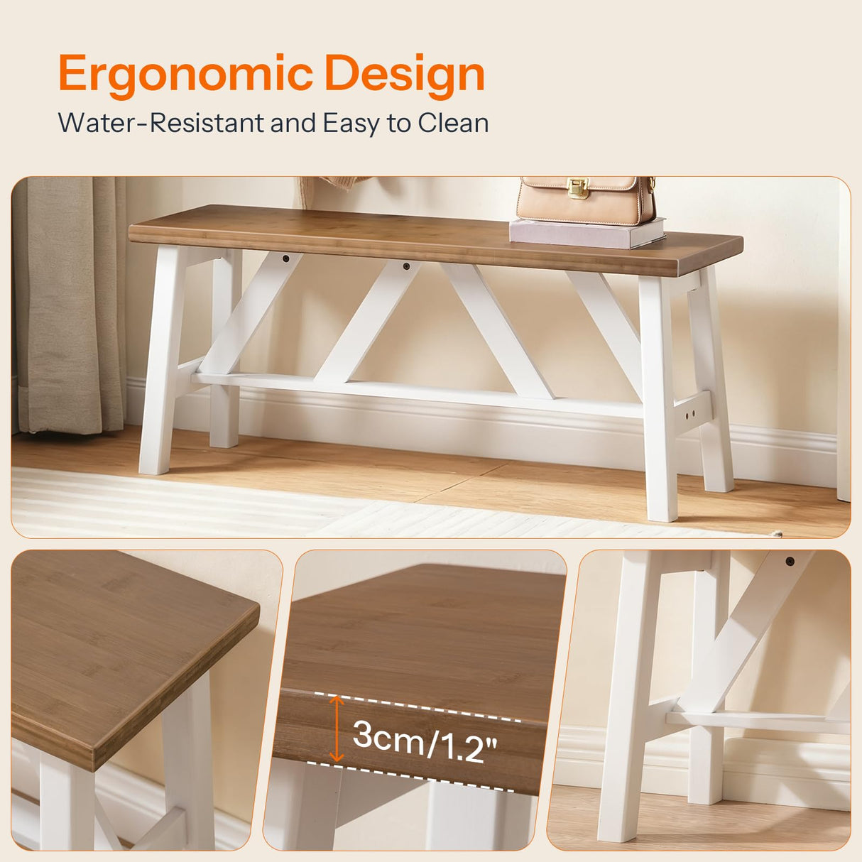 HOOBRO Bamboo Dining Bench, 39.4 inch Farmhouse Kitchen Table Bench, Solid Bamboo Dining Room Bench for Kitchen, Living Room, Bedroom, Hallway, Sturdy and Stable, Walnut and White WH17CD01 HOOBRO