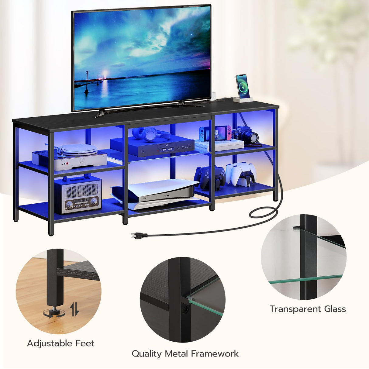 HOOBRO LED TV Stand for 65 Inch TVs with Charging Station, Gaming Entertainment Center with 3-Tier Open Storage, Long Media TV Console Table, TV Stand for Living Room, Bedroom, Black BB20UDDS01 HOOBRO