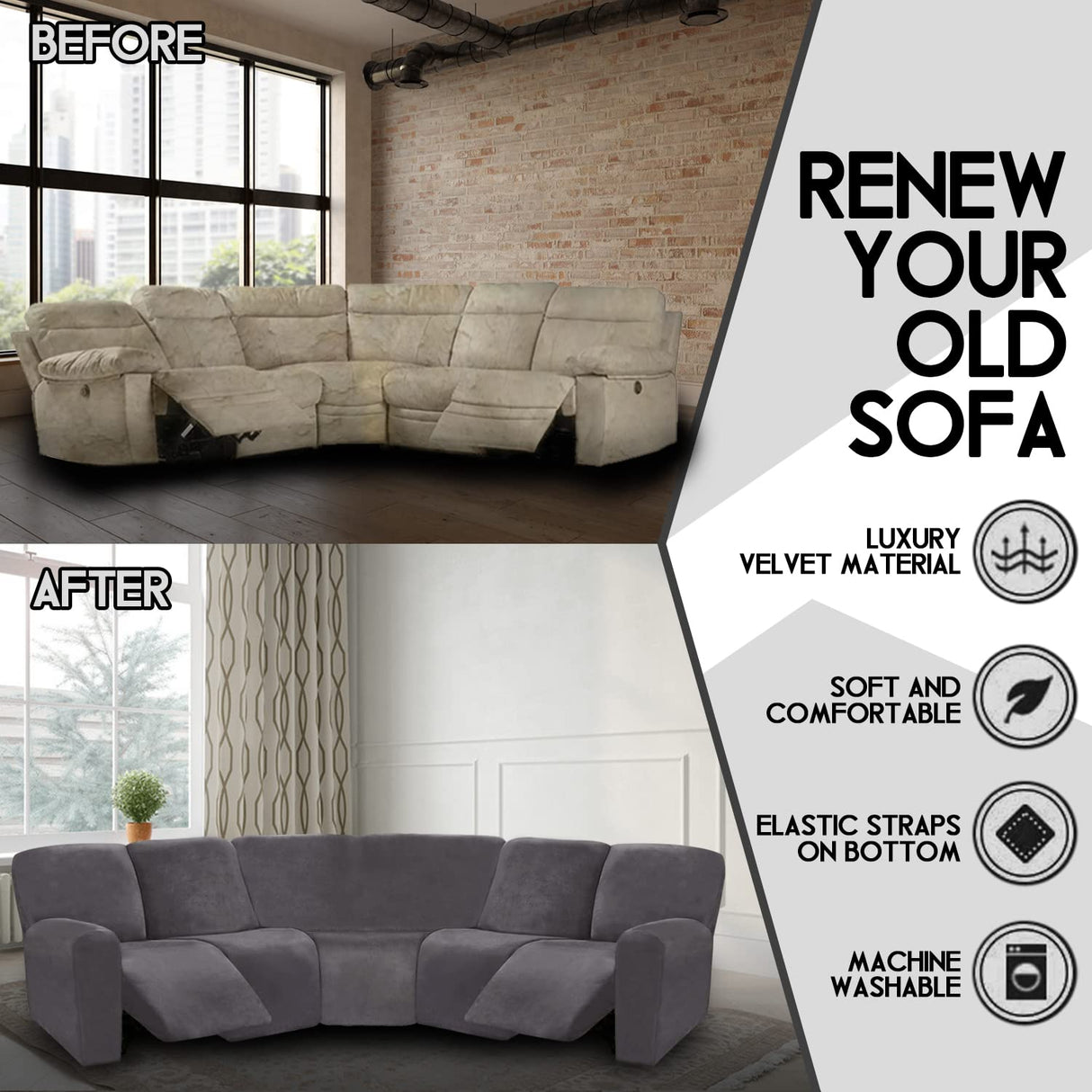 ULTICOR 7-Piece Sectional Sofa Covers, Velvet Stretch Reclining Couch Covers for Reclining L Shape Sofa, Thick, Soft, Washable (Dark Grey, 5 Seat Recliner Cover) ULTICOR