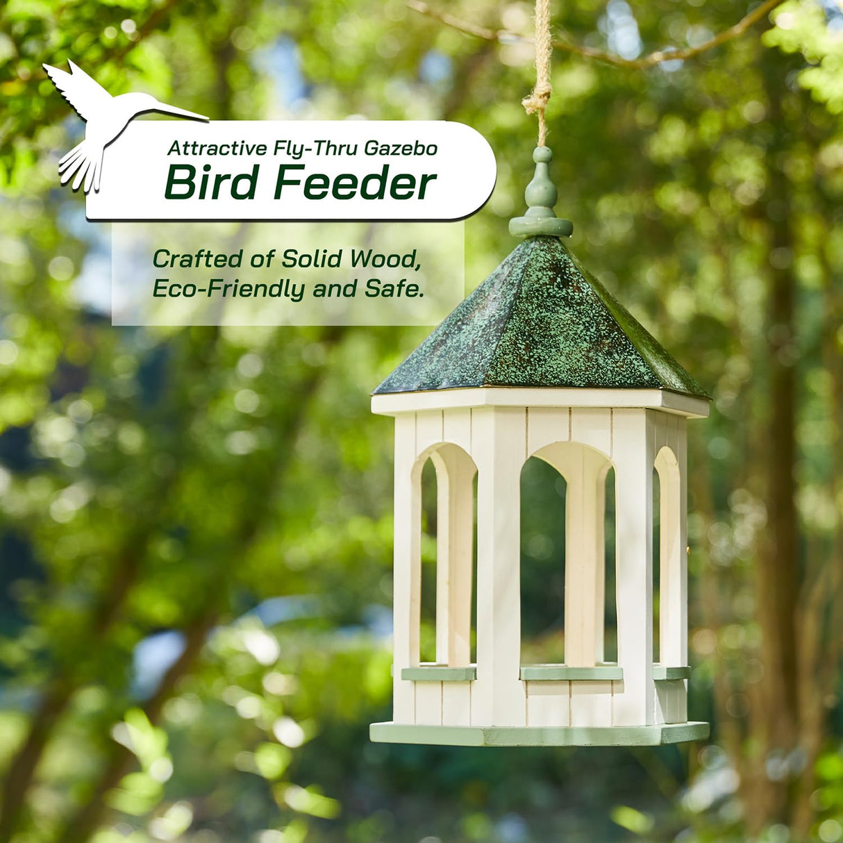 Glitzhome Large Capacity Hanging Bird Feeder,15.75" H Patina Metal Roof Solid Wood Gazebo Tray Bird Feeder for Outdoors Hanging,Supports Cardinals, Finch, Blue Jay,Sparrows and Outside Wild Birds glitzhome