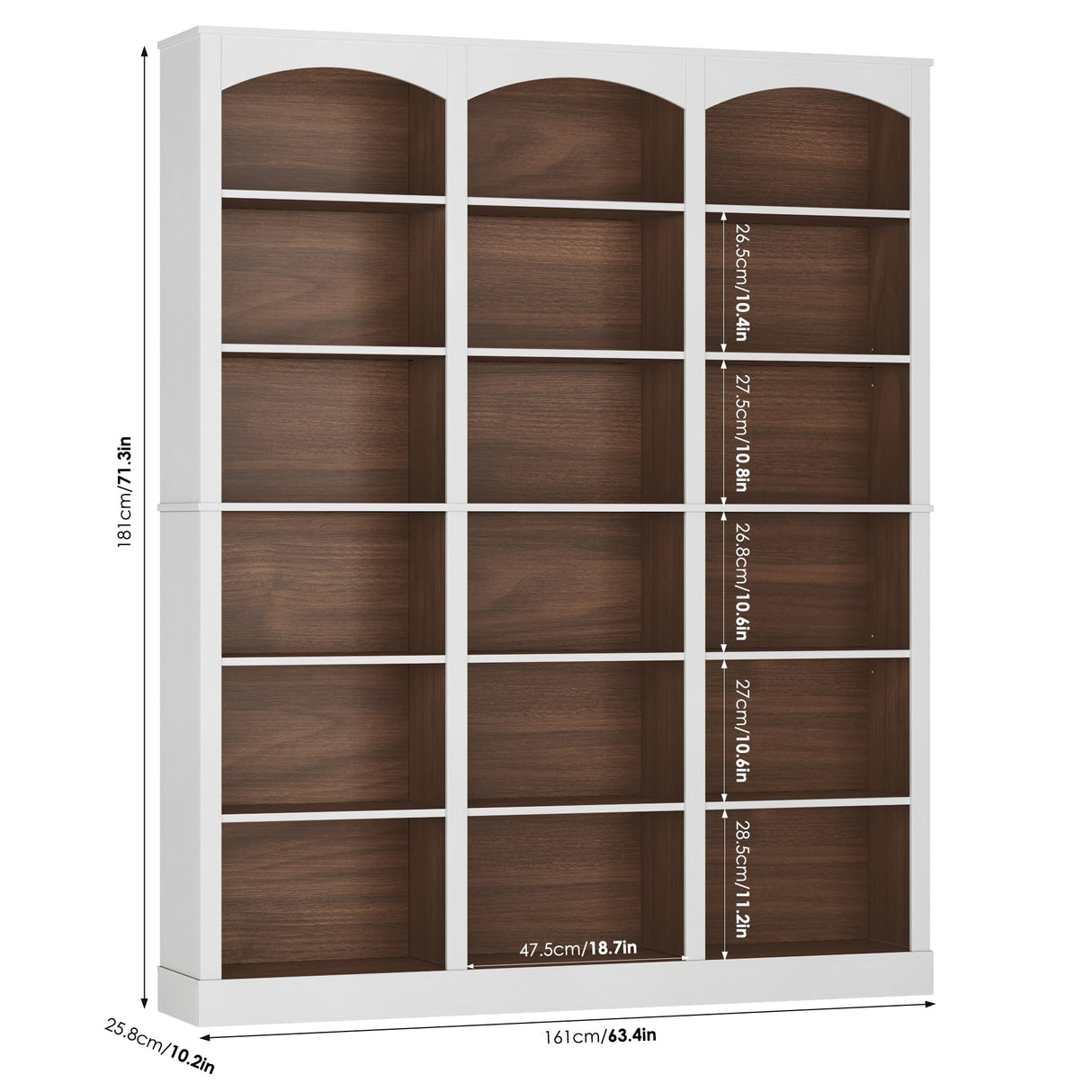 FACBOTALL 71" Triple Wide Bookshelf, 6 Tier Tall Bookshelf, Large Bookcase with Curved Baffle, 63.4" Wide Book Shelf with 18 Open Display Shelves for Living Room, Study, Walnut and White FACBOTALL