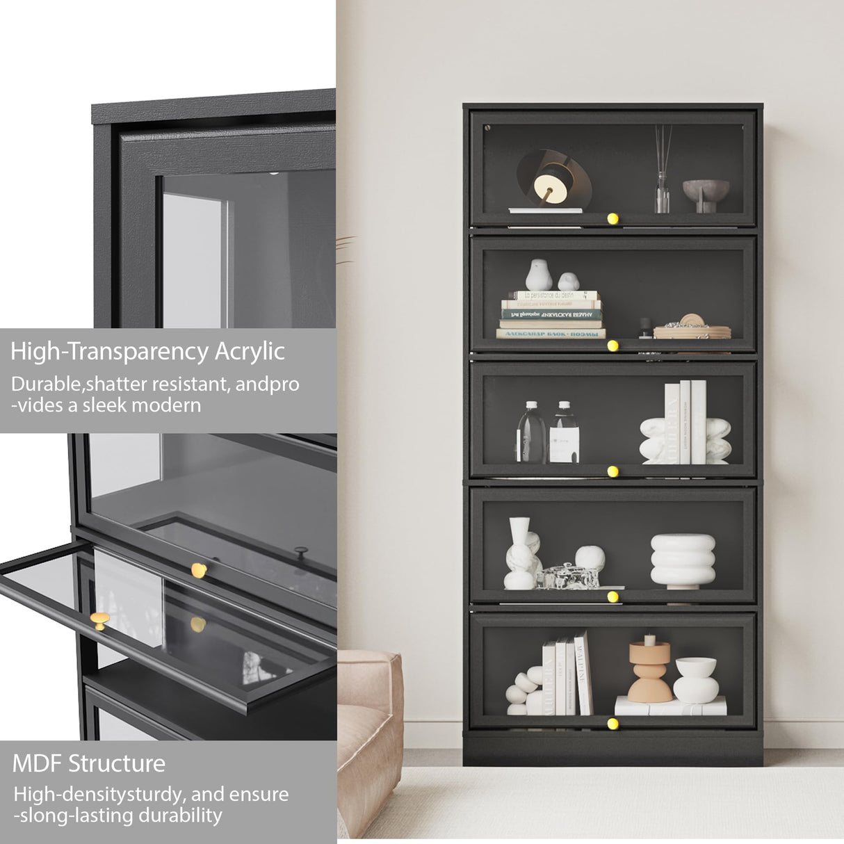 BONITURE Display Cabinet with Acrylic Glass Doors,5-Tiers Curio Cabinet with LED Lighting for Collectibles, Collectibles Toy Organizers Rack & Display Shelf Display Case Storage Cabinet, Black BONITURE