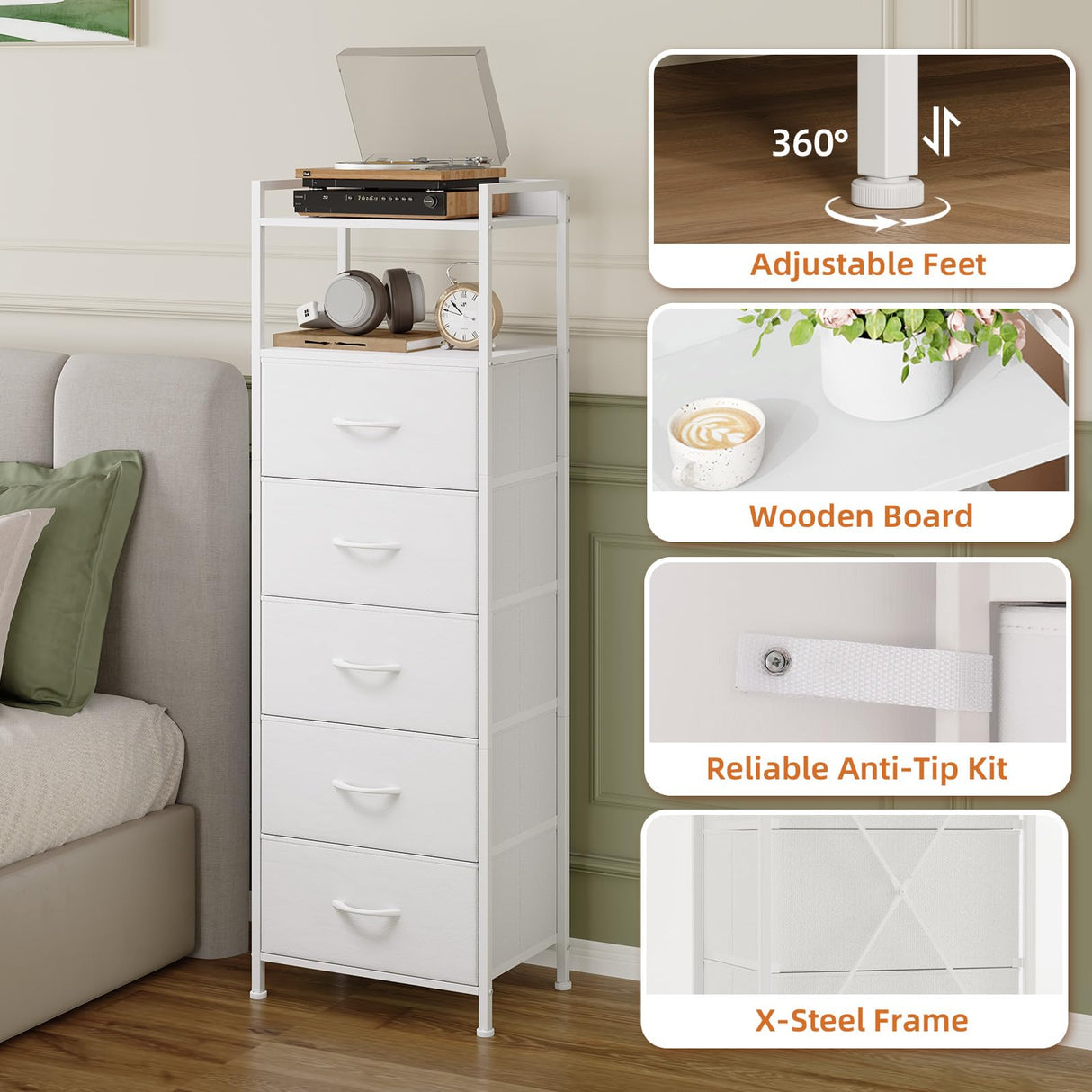 Somdot White Tall Night Stand for Bedroom,Tall 5 Drawers Dresser, Vertical Storage Tower Unit, Nightstand Furniture with Fabric Drawer Organizer in Bedside Kids Dorm Room Closet Laundry Entryway Somdot