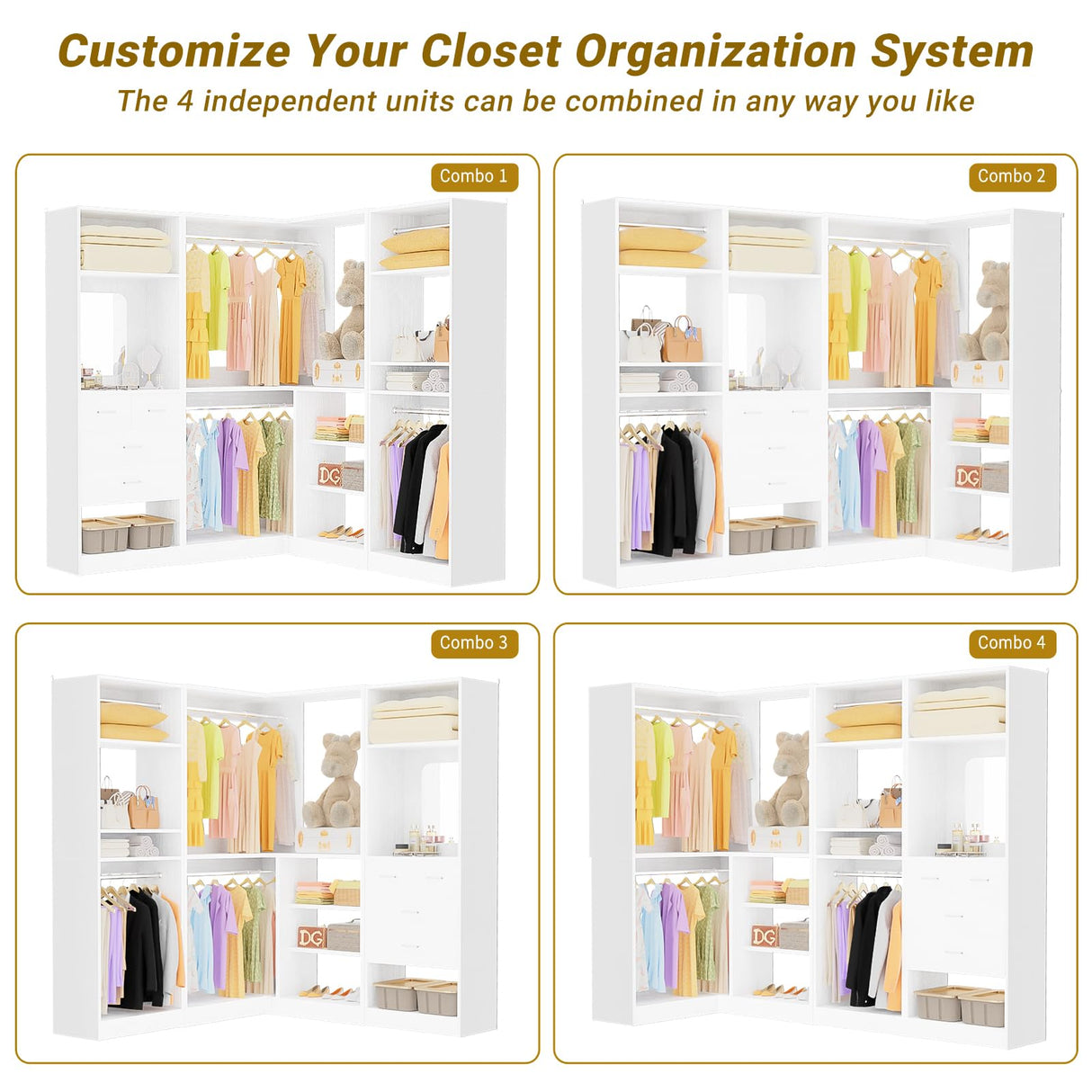 Unikito 86” Closet System, Large Corner Closets Organizer with Hanging Rods and Mirror Design, Freestanding Adjustable Wood Clothes Garment Rack with Drawers, Sturdy Walk in Closet Tower, White Unikito