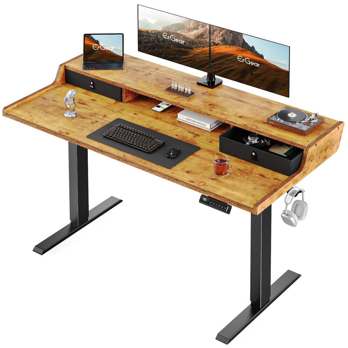 ErGear Electric Standing Desk with Drawers, 55″ x 28″ Gaming Desk with Monitor Stand, C-Clamp Mount Compatible, Home Office Height-Adjustable Desk with Storage Shelf, 4 Preset Heights, Vintage Brown ErGear