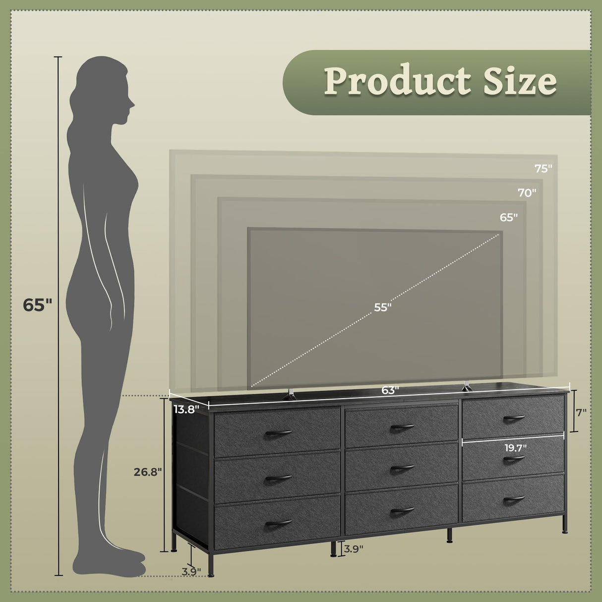 Huuger 63 Inch Dresser for Bedroom, Dresser for Closet with 9 Drawers, Large TV Stand for 55, 65, 70 Inch TV, Entertainment Center with Storage, Wide Long Chest of Drawers, Black Huuger