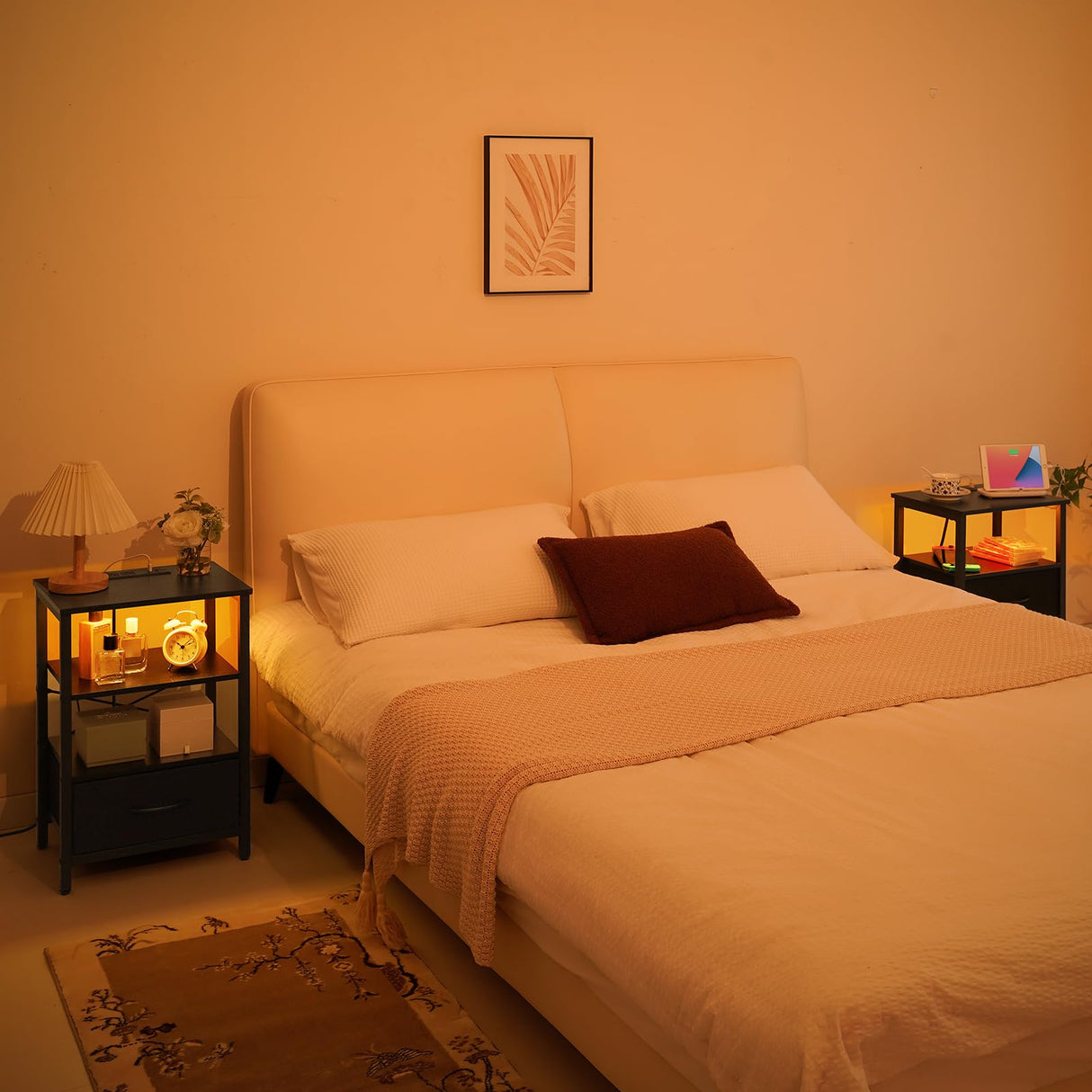 Yoobure Side Table with Storage, LED Night Stand with Charging Station, End Tables Living Room, Nightstand for Bedroom with Adjustable Fabric Drawer, 3-Tier Wood Bedside Table, Black Yoobure