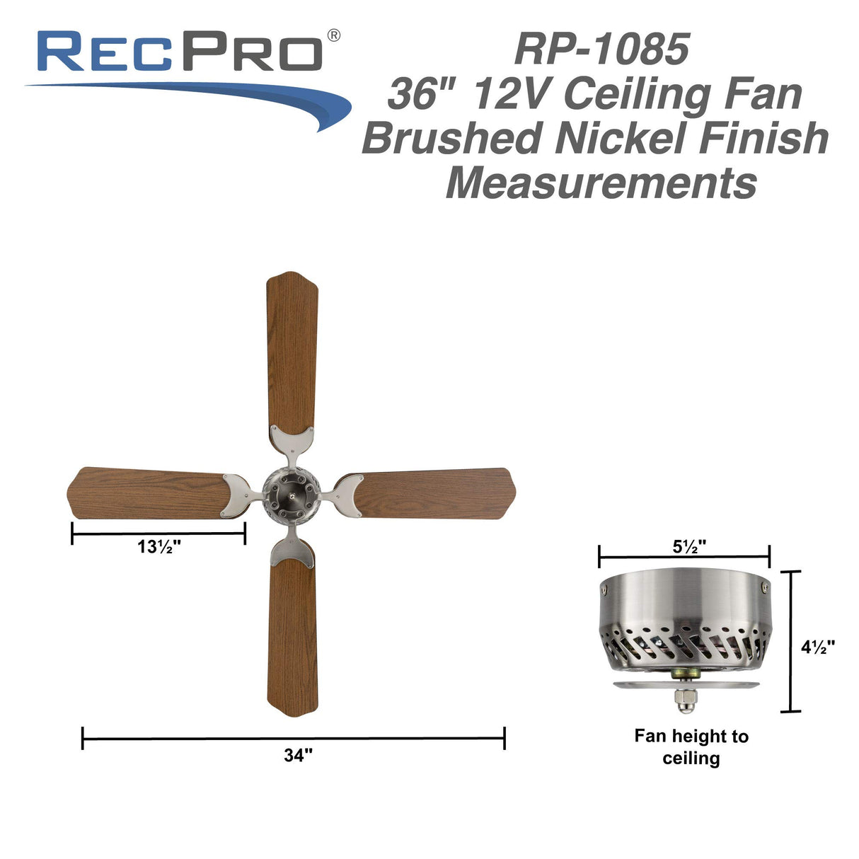 RecPro RV Ceiling Fan | 12V | 36" Brushed Nickel Finish | 4 Blades | Includes Switch (Oak) RecPro