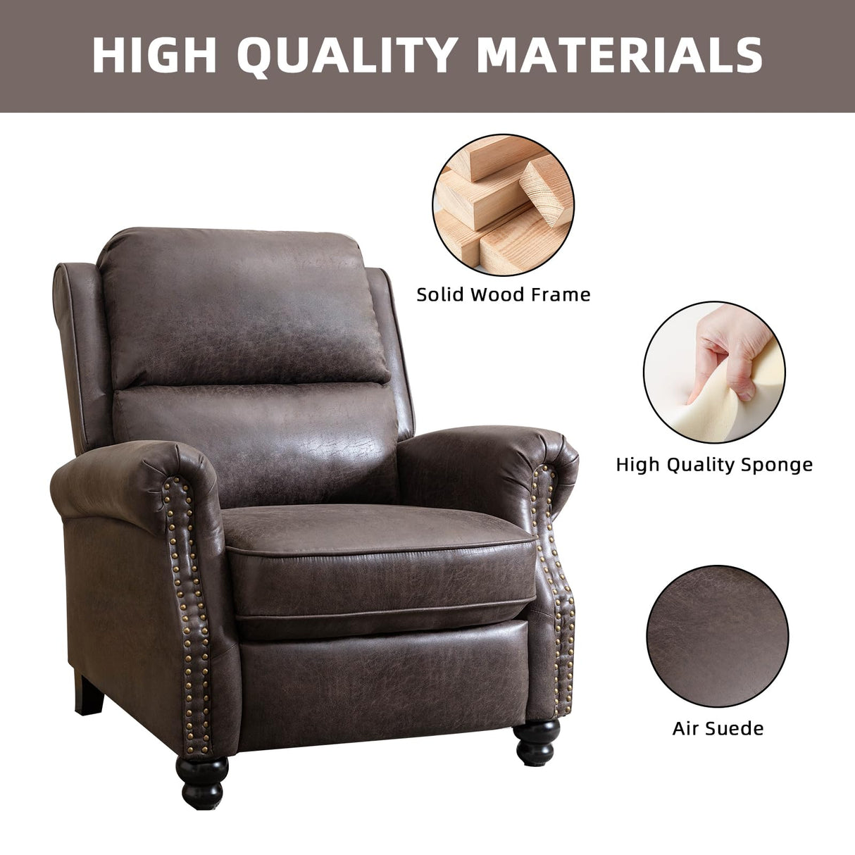IOMOR Push Back Recliner Chair Faux Leather Lounge Armchair with Rivet Decoration Wingback Single Sofa Chair with Padded Seat Solid Wood Legs for Living Room, Comfy Upholstered, Dark Grey IOMOR