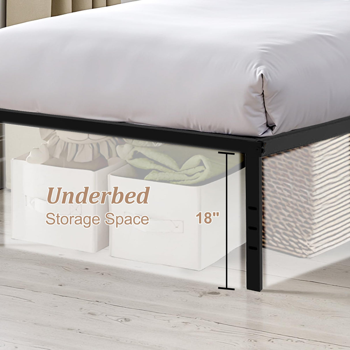 TUYOHW Twin Bed Frame with 18 Inch Tall Underbed Storage Space, Metal Bed Frame with Max 2000LBS Heavy Duty Metal Slat Support, DIY Headboard Holes, No Box Spring Needed, Easy Assembly, Black TUYOHW