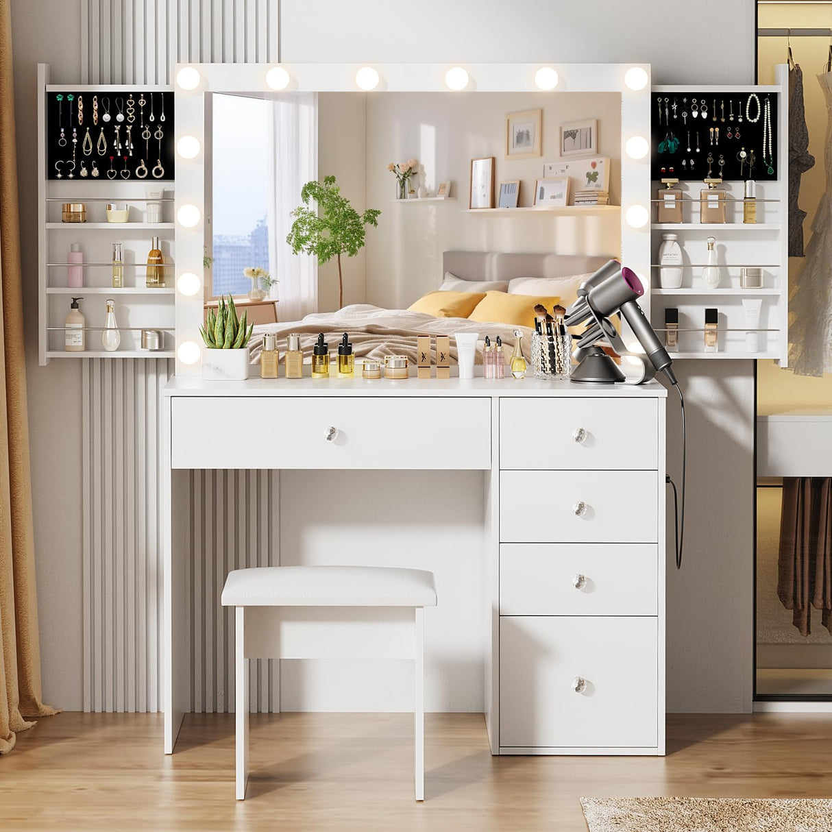 VOWNER White Makeup Vanity Desk with Lighted Mirror & Power Outlet, 3 Color Modes, Vanity Table with Drawer,Sliding Shelves for Bedroom VOWNER